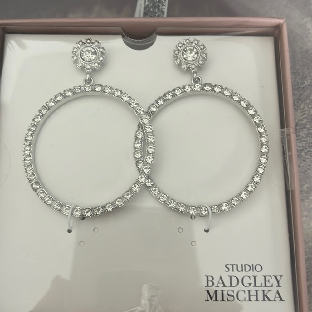 New Badgley Mischka Silver Crystal Hoops with stud